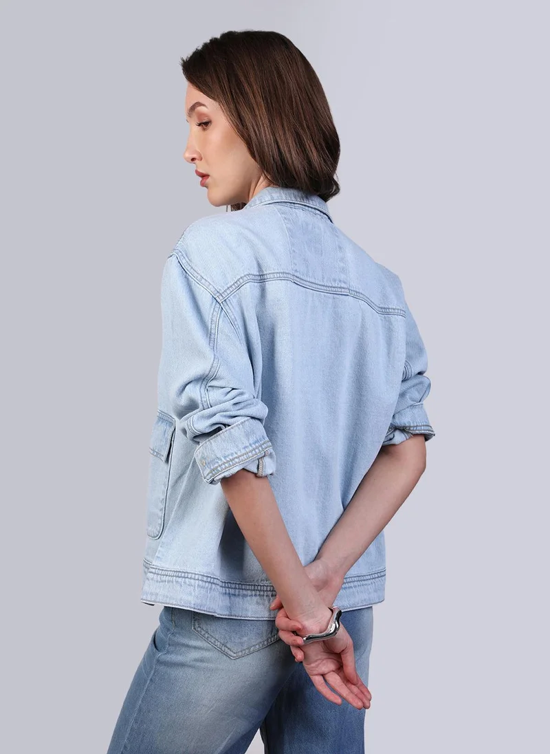 Urbano Fashion  Urbano Fashion Women's Ice Blue Relaxed Fit Full Sleeve Utility Denim Jacket for Women | Best Price UAE